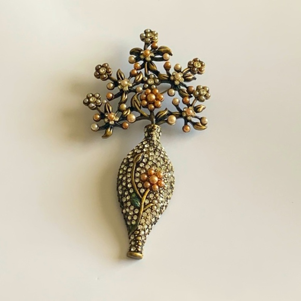 Vintage Lois moon flower vase brooch with pearl accents